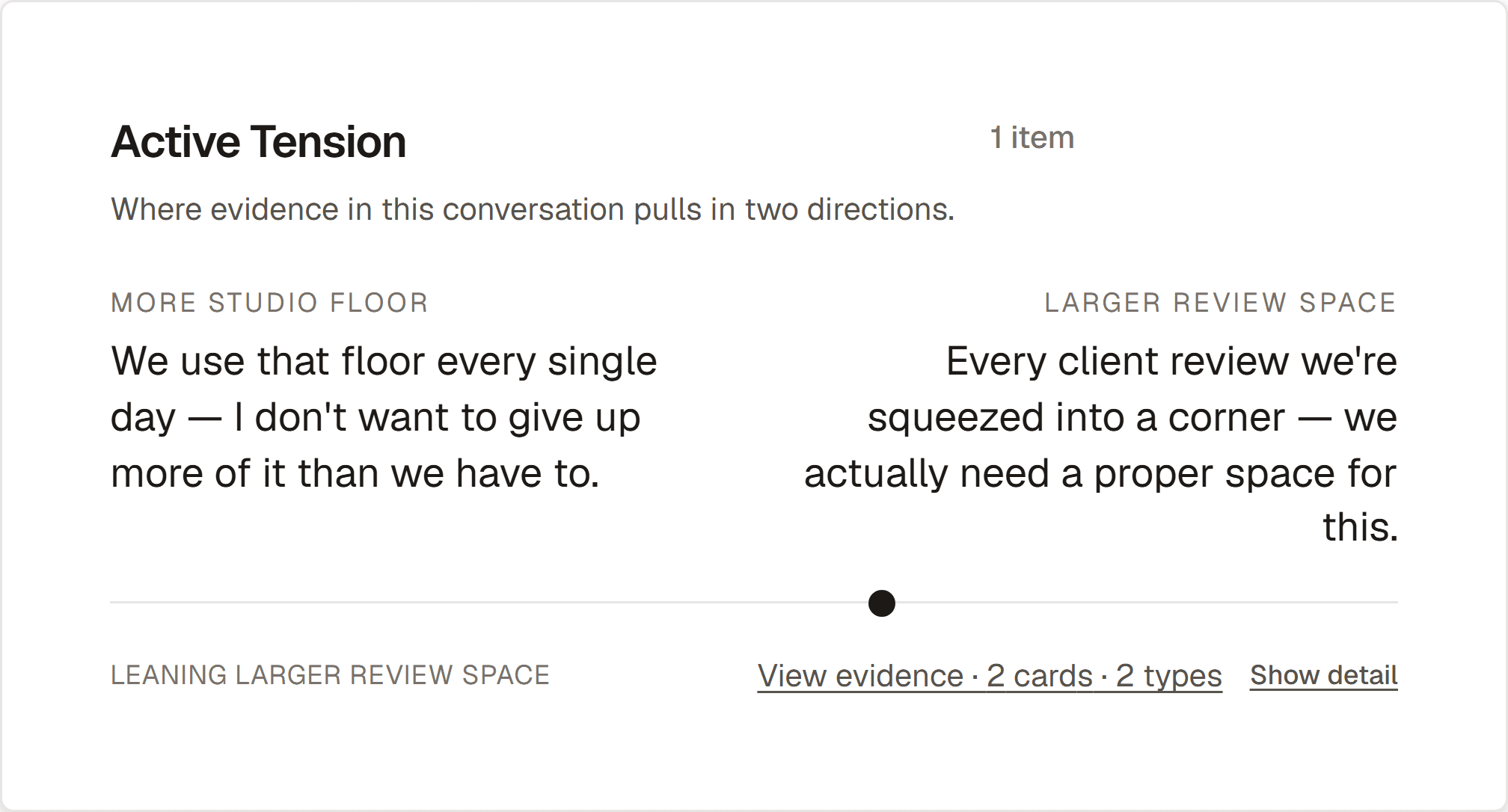 Active tensions view of an illustrative sample project. Where evidence in a conversation pulls in two directions, shown with the source quote on each side.
